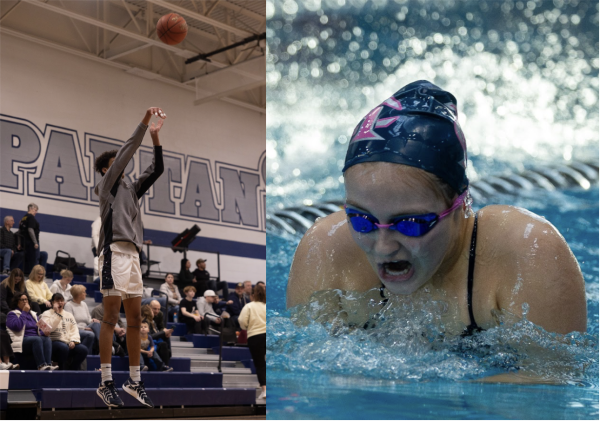 Left: During warm-ups senior Ethan LeFlore jumps up in the air to warm up his shots. LeFlore then moves spots and shoots from a different part of the court. (Amelia Raziq) Right: In the middle of her breaststroke during the 400-meter individual medley relay, junior Katie Wuertz comes out of the water to take a breath. As she takes her breath, her arms come forward to push herself through the water.(Caroline Kraft)